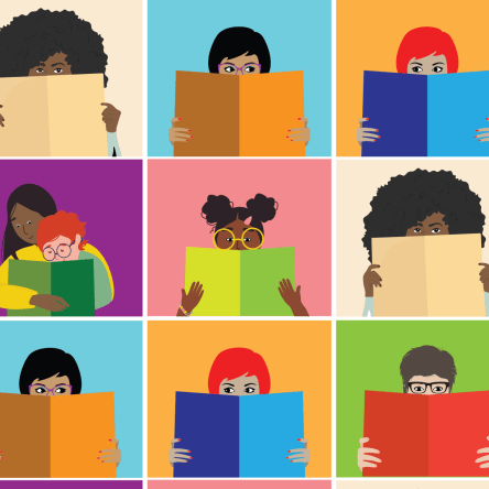 Characters in different colors reading books in different colors 